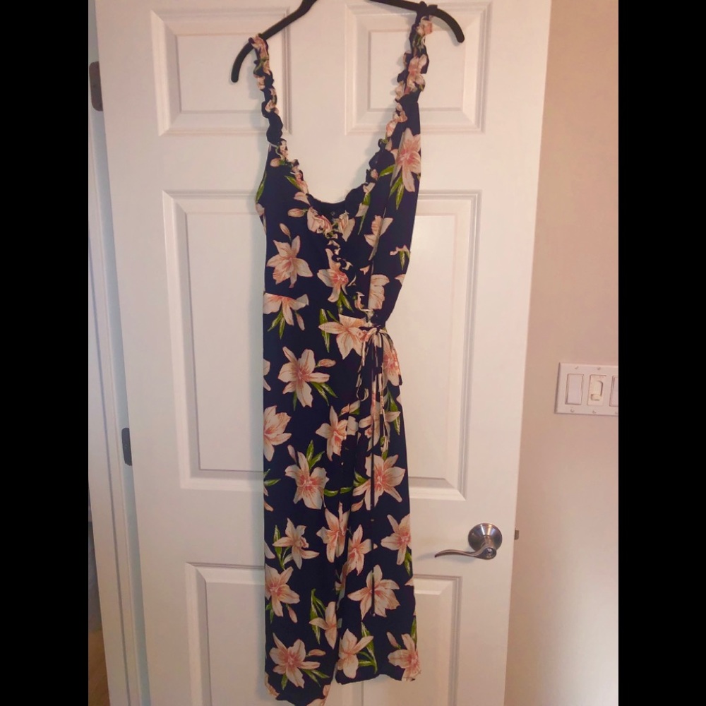 Navy & Peach Floral Frill Cami Wrap Midi Dress NWT